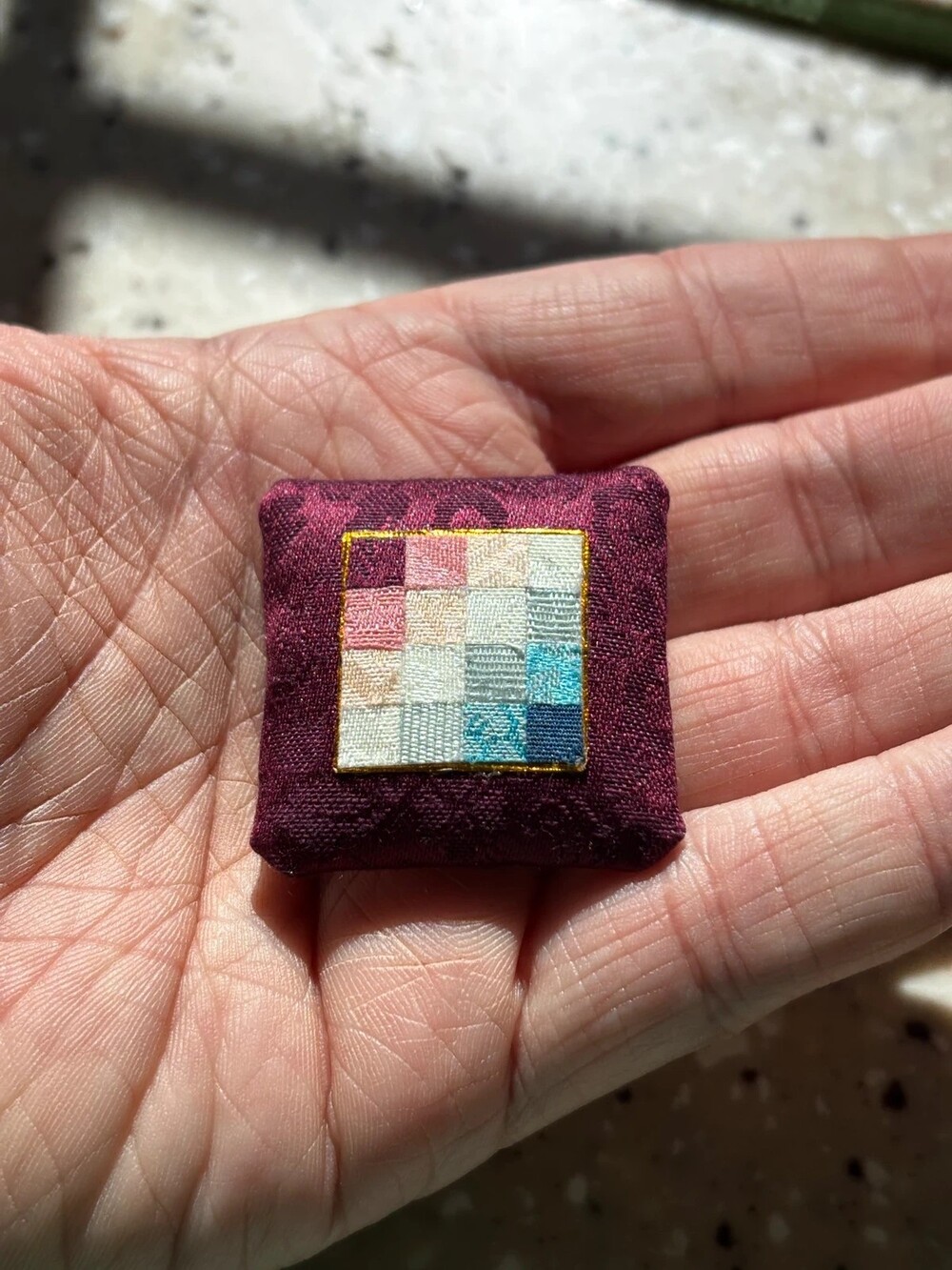 Vintage Burgundy Textile Patchwork Brooch Woven Fabric Pin